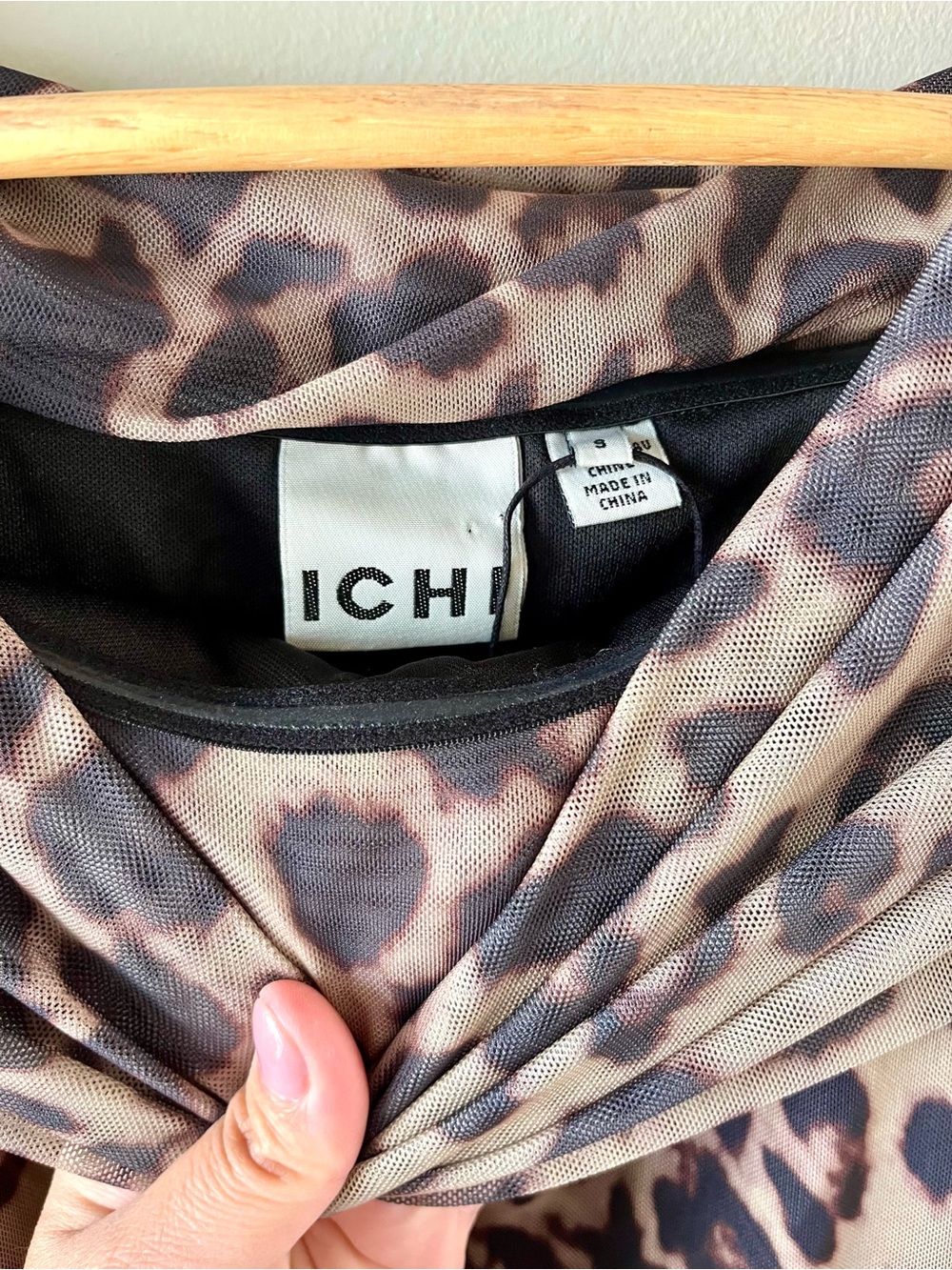 BNWOT ICHI Leopard-print Midi Dress Mesh Ruching Bardot Neck Size Small - Picture 10 of 12